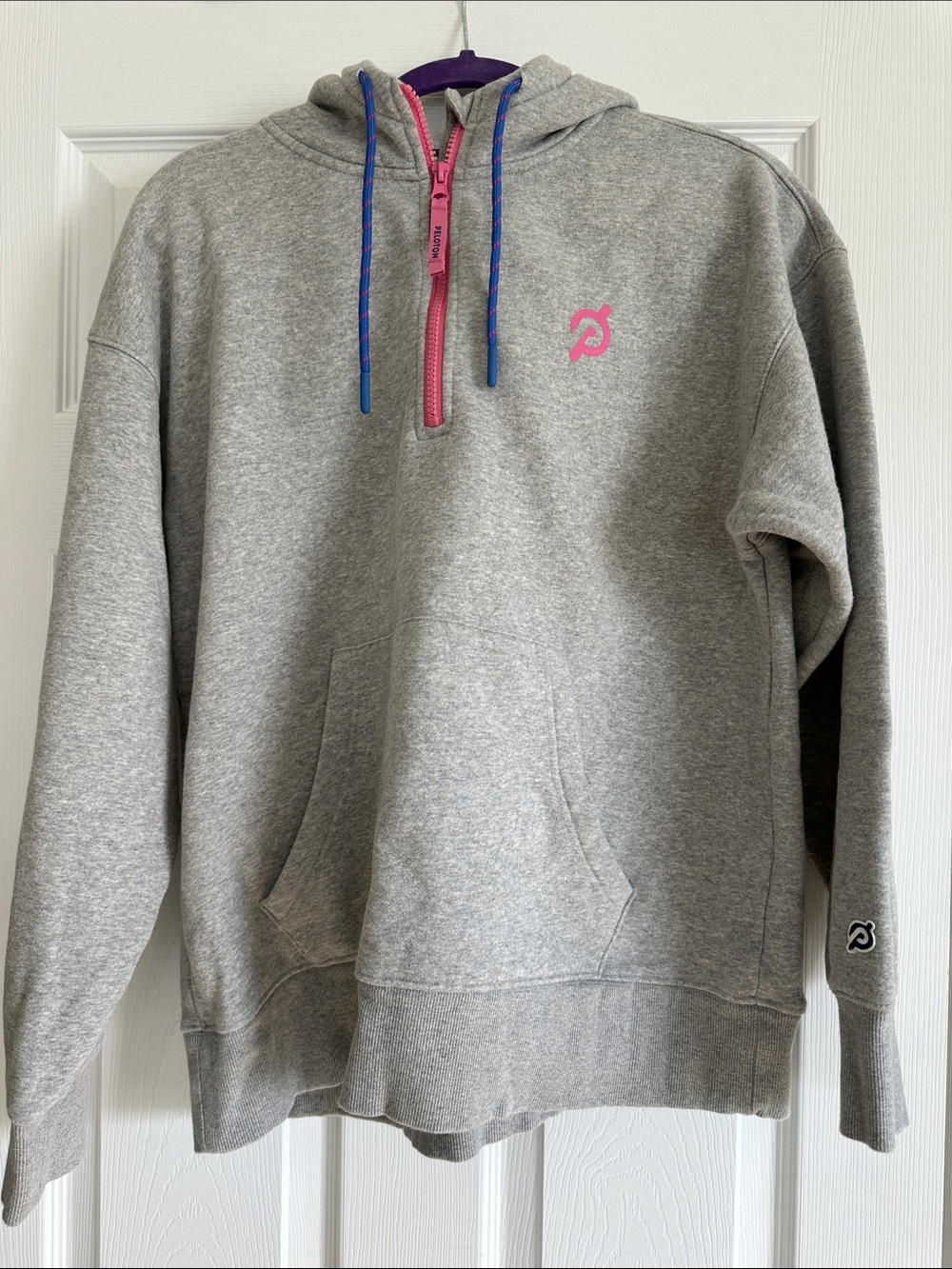 Peloton Grey 3/4 zip Pullover Hoodie with Pink Logo - size large